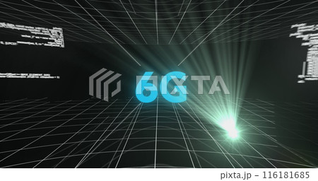 A global network of connections and technology, with the text 6g appearing on screens throughout the 116181685