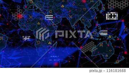 Image of plexus networks and data processing over world map against black background 116181688