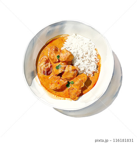 白背景にバターチキンカレーライスの水彩イラスト 116181831