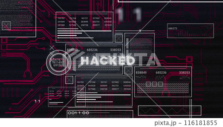 Image of binary codes over hacked text on loading bars, numbers in circles on black background 116181855