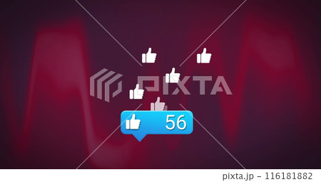 Image of social media icons and numnbers processing over red flames in background 116181882