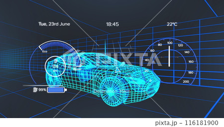 Image of 3d model of car with digital interface and data processing Image of 3d model of car with digital interface and data processing 116181900