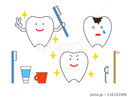 歯と歯ブラシと歯磨き粉のイラストセット 116181906