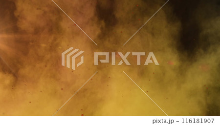 Image of red spots floating over burst of color clouds against grey background 116181907