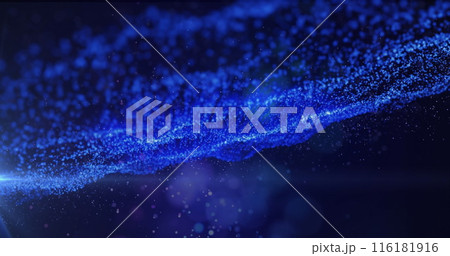 Image of blue glowing digital wave, light sparks and light spot against blue background 116181916