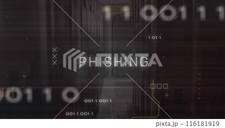 Image of phishing text banner and microprocessor connections against computer server room 116181919