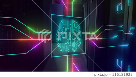 Image of illuminated circuit board pattern around brain in square over server room Image of illuminated circuit board pattern around brain in square over server room 116181925