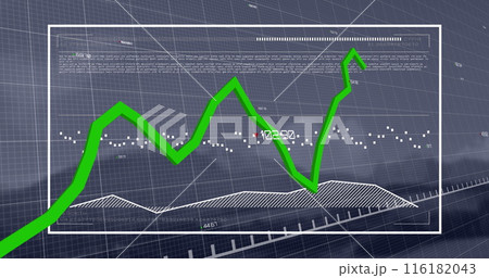 Image of green line and financial data processing over grid Image of green line and financial data processing over grid 116182043