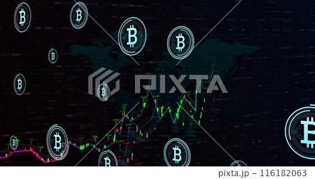 Image of bitcoin symbols over financial data processing against world map 116182063