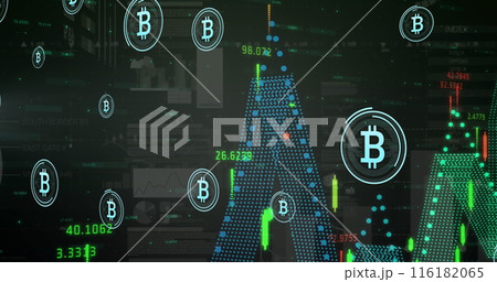 Image of bitcoin symbols over financial and statistical data processing against grey background Image of bitcoin symbols over financial and statistical data processing against grey background 116182065