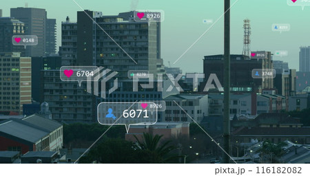 Image of social media icons and data processing over cityscape 116182082
