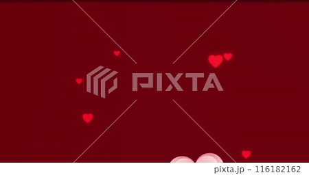 Image of pink heart icons floating against copy space on red background Image of pink heart icons floating against copy space on red background 116182162