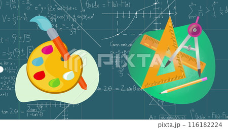 Image of geometric equipment and color palette icon against mathematical equations Image of geometric equipment and color palette icon against mathematical equations 116182224