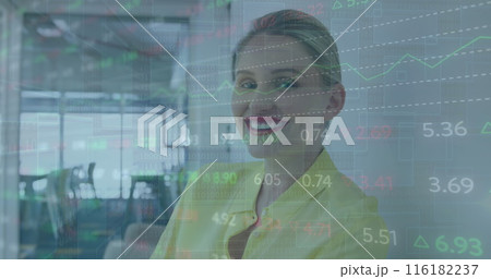 Image of stock market data processing against caucasian woman smiling at office Image of stock market data processing against caucasian woman smiling at office 116182237
