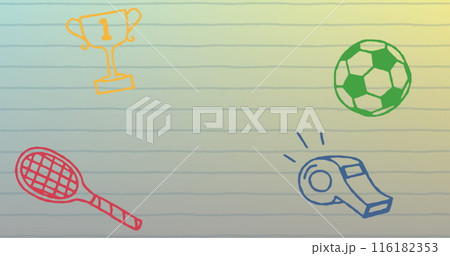 Image of multiple school concept icons against copy space on white lined paper background 116182353