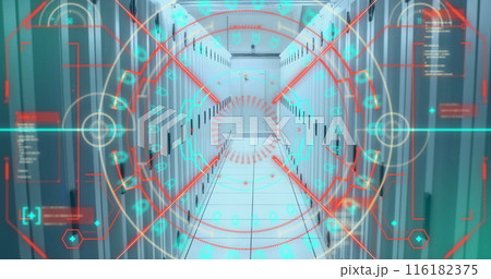Image of mandala pattern in loading circles and computer language over server room 116182375