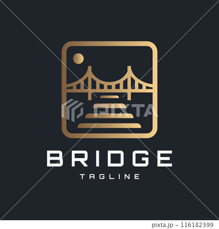 Golden Bridge logo with modern and elegant style frame. This logo consists of an illustration of a bridge connecting two sides. Dark background 116182399