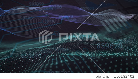 Image of multiple changing numbers and statistical data processing against digital wave 116182402