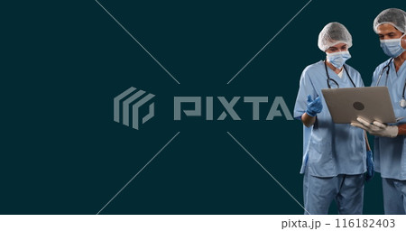 Image of diverse doctors discussing patient reports on laptop against black background Image of diverse doctors discussing patient reports on laptop against black background 116182403