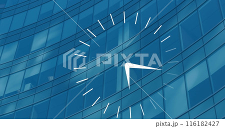 Image of ticking clock icon against view of tall building 116182427