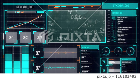 Image of interface with data processing and mathematical equations against green background Image of interface with data processing and mathematical equations against green background 116182492