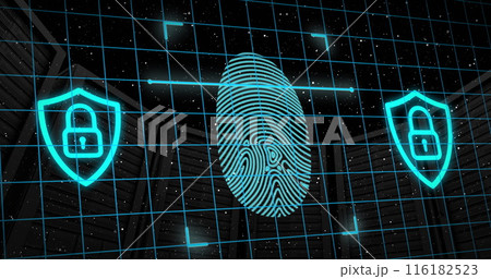 Image of padlock in shields, scanning fingerprint over low angle view of server racks Image of padlock in shields, scanning fingerprint over low angle view of server racks 116182523