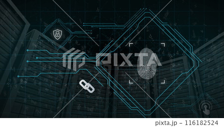 Image of scanning fingerprint, padlock, numbers, letters and connected dots over server racks Image of scanning fingerprint, padlock, numbers, letters and connected dots over server racks 116182524