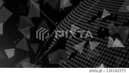 Image of 3d triangles over rotating globe against black background Image of 3d triangles over rotating globe against black background 116182573