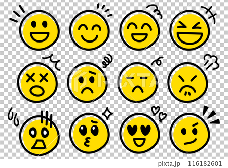 Cute hand-drawn emoji and emoticon icons with various expressions of joy, anger, sadness and happiness 116182601