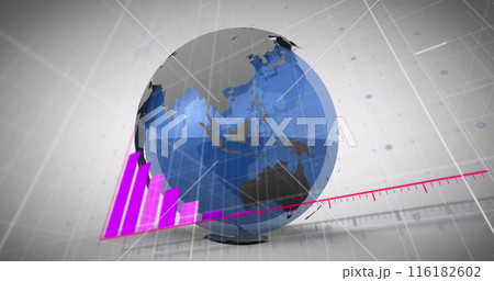 Image of arrow on graph with text in rectangles and flying airplanes around globe 116182602