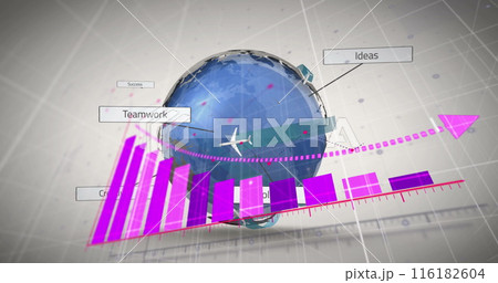Image of arrow on graph with text in rectangles and flying airplanes around globe 116182604