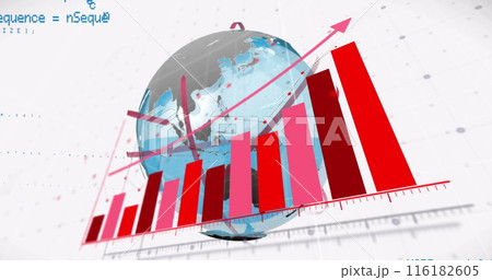 Image of arrow on graph with globe and computer language over white background 116182605