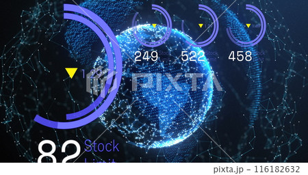 Image of loading circles, changing numbers with connected dots around globe on black background Image of loading circles, changing numbers with connected dots around globe on black background 116182632
