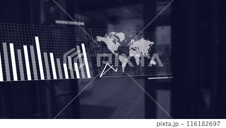 Image of screens with multiple graphs moving over entrance of empty coffee shop 116182697