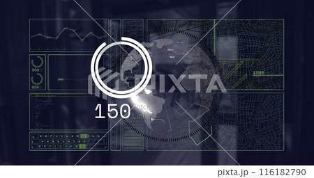 Image of globe, digital map, circle, number, graphs over coffee shop entrance 116182790