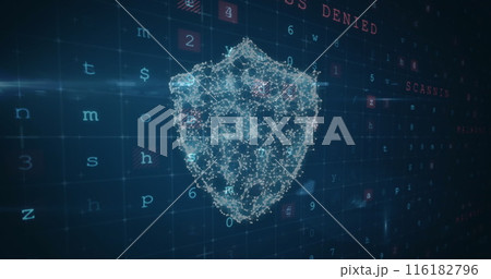 Digital face forming on blue background, displaying SCANNED and ACCESS DENIED 116182796