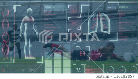 Image of digital interface with data processing over football players 116182857