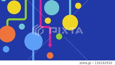 Image of colourful connected circles and pink shapes moving on blue background Image of colourful connected circles and pink shapes moving on blue background 116182910