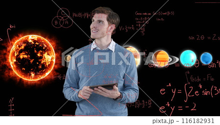 Image of businessman using tablet over equations and solar system 116182931