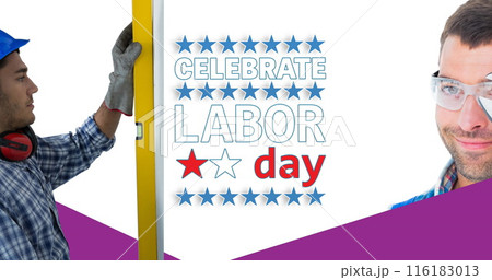 Image of labor day text over happy caucasian male workers with tools 116183013