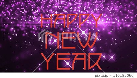Image of happy new year text over purple glowing spots on purple background Image of happy new year text over purple glowing spots on purple background 116183066