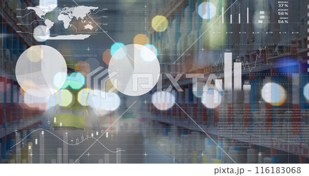 Image of graphs and data over caucasian male warehouse worker 116183068