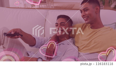 Image of hearts over happy biracial male gay couple 116183118