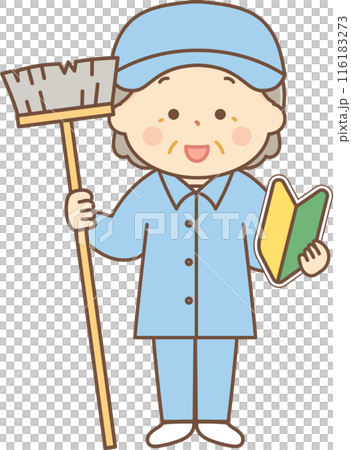 穿著工作服的高級女性拿著初學者標記和清潔工具 116183273