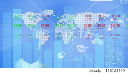 Image of financial data processing and world map over blue background Image of financial data processing and world map over blue background 116183339