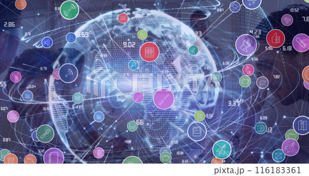 Network of digital icons over globe against team of businesspeople having a meeting at office 116183361