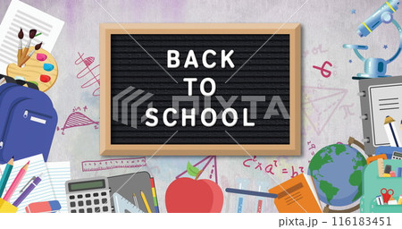 Image of back to school text over school supplies 116183451
