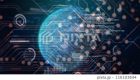 Image of computer circuit board over globe with data processing on black background 116183694