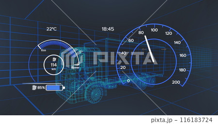 Image of scope scanning and data processing over stock market on black background Image of scope scanning and data processing over stock market on black background 116183724