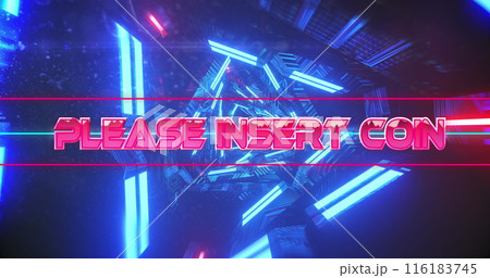 Image of please insert coin text banner over neon blue tunnel in seamless pattern 116183745